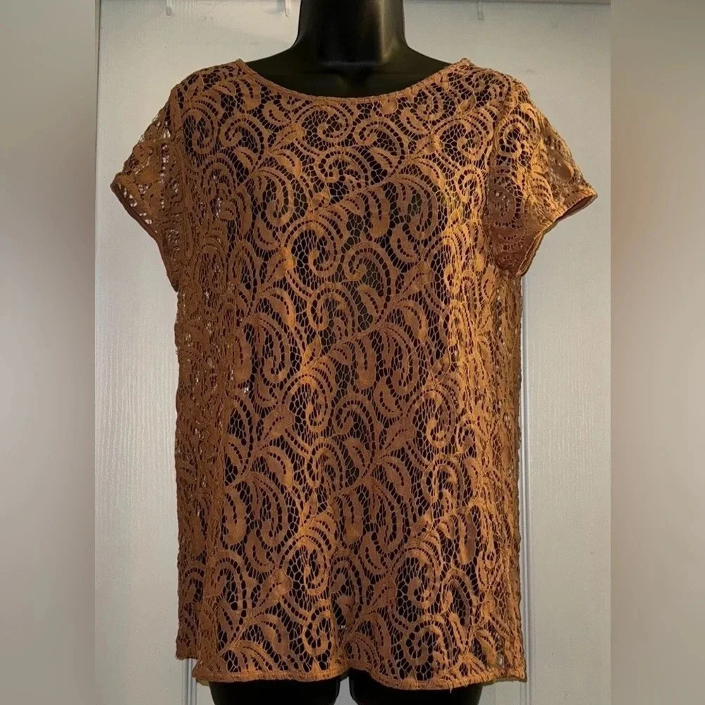 Loft Shirt Camel Tan Floral Overlay Lace Unlined Shirt Blouse